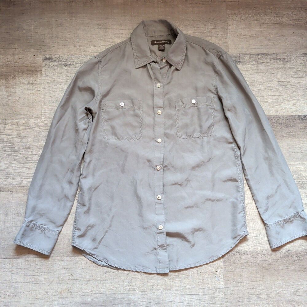​Tommy Bahama Women's Gray 100% Silk Long Sleeve Button Down Shirt Size XXS